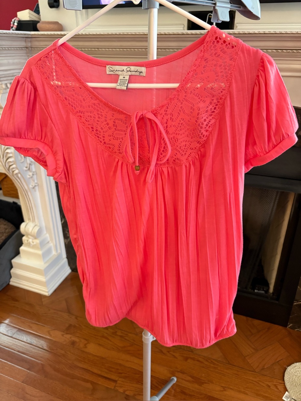 French Laundry Coral-Pink Crochet Yoke Short Sleeve Blouse